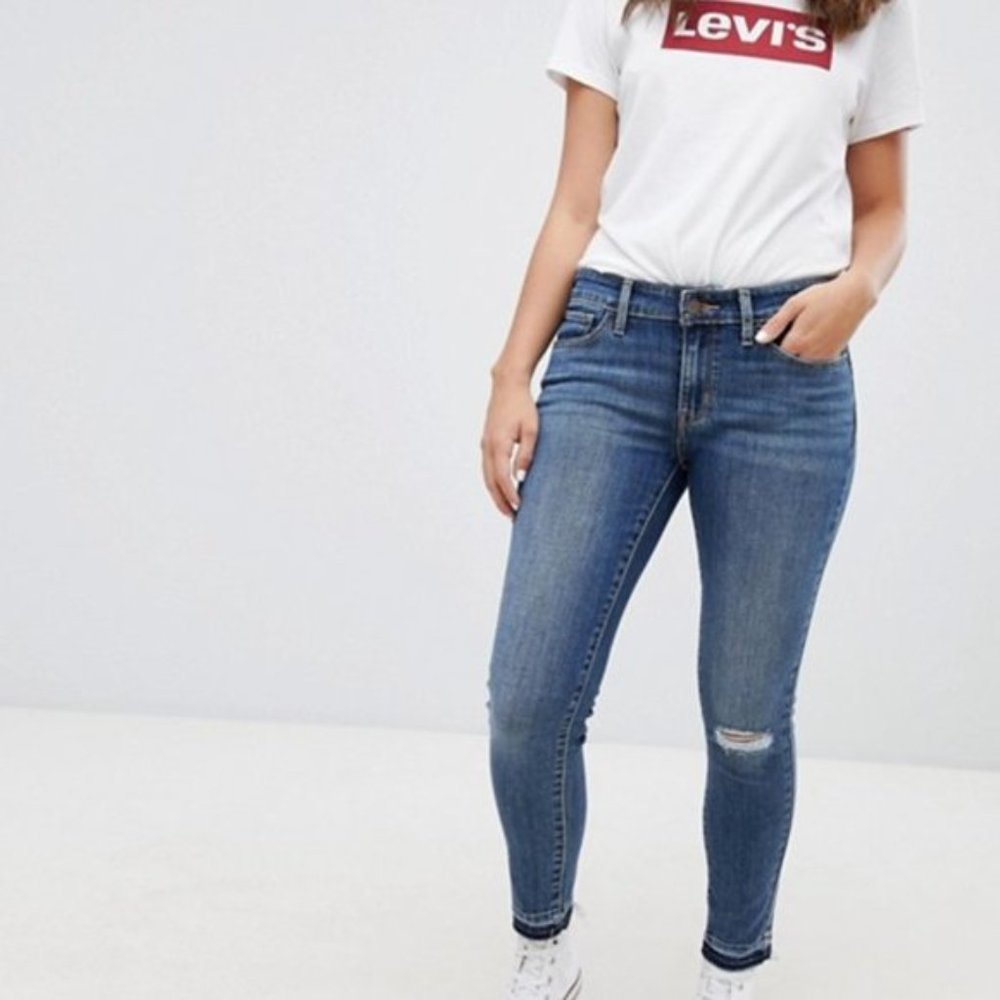 Womens Levi 711 Mid-rise Ripped Skinny Jeans Raw Hem Distressed (24)